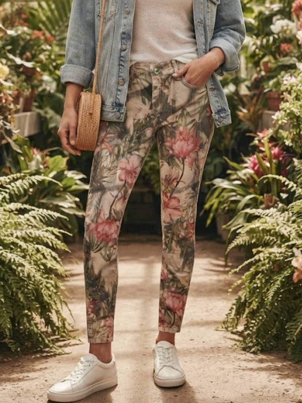 Venus Pink Floral Botanical Skinny Pants Size S Stretch Statement Print Casual